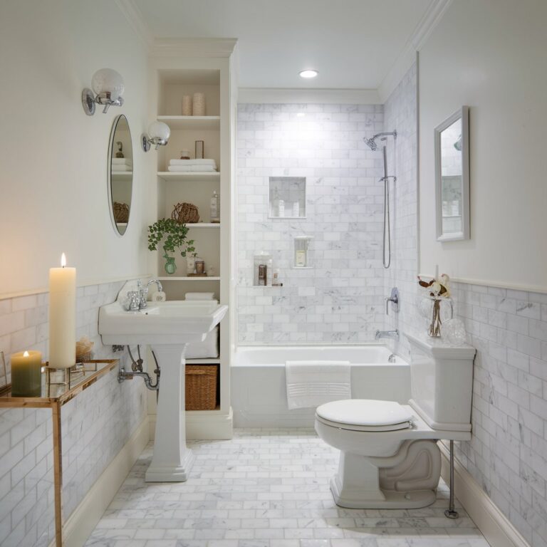 Bathroom-Having-Pedestal-Sink-with-Storage-Shelves