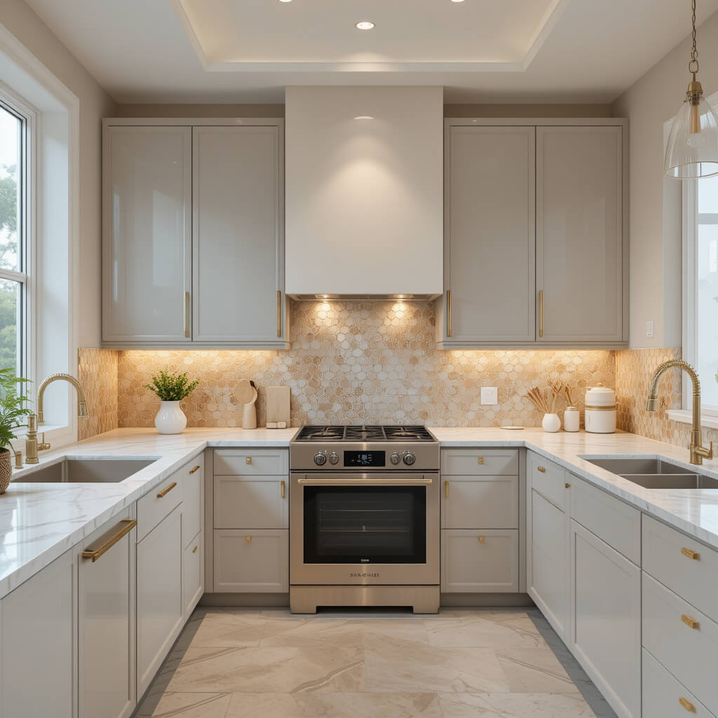 Elegant-kitchen-design-with-warm-ambient-lighting-highlighting-penny-tile-backsplash